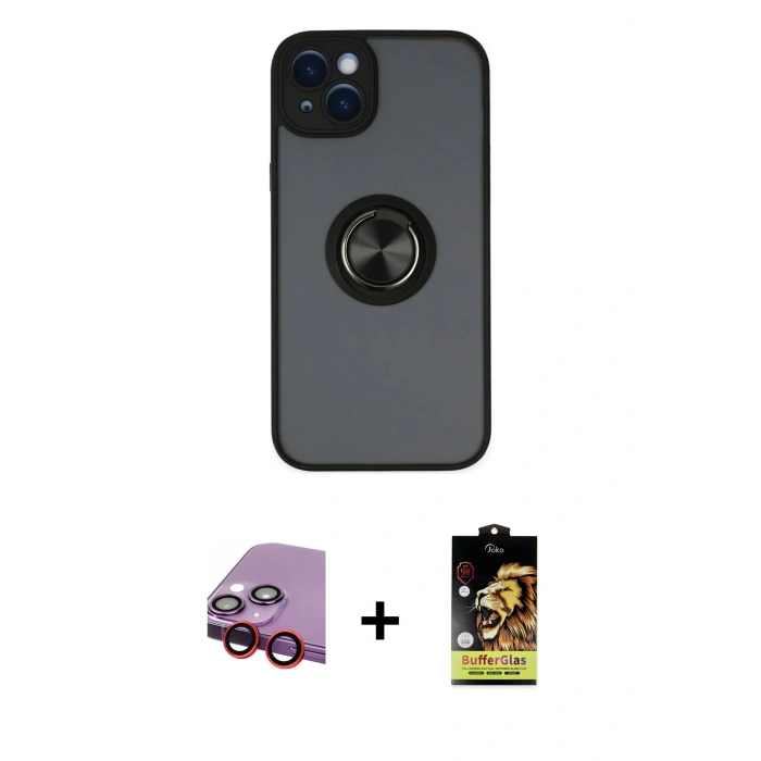 MARSİLYAN™- iPhone 14 Kılıf Yörünge Çizgi - Siyah Buffer Cam Ekran Koruyucu + Raze Metal Kamera Lens - KI