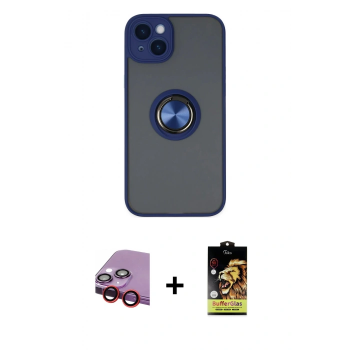MARSİLYAN™- iPhone 14 Kılıf Yörünge Çizgi - Siyah Buffer Cam Ekran Koruyucu + Raze Metal Kamera Lens - KI