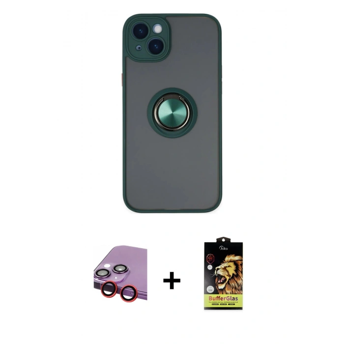 MARSİLYAN™- iPhone 14 Kılıf Yörünge Çizgi - Siyah Buffer Cam Ekran Koruyucu + Raze Metal Kamera Lens - KI