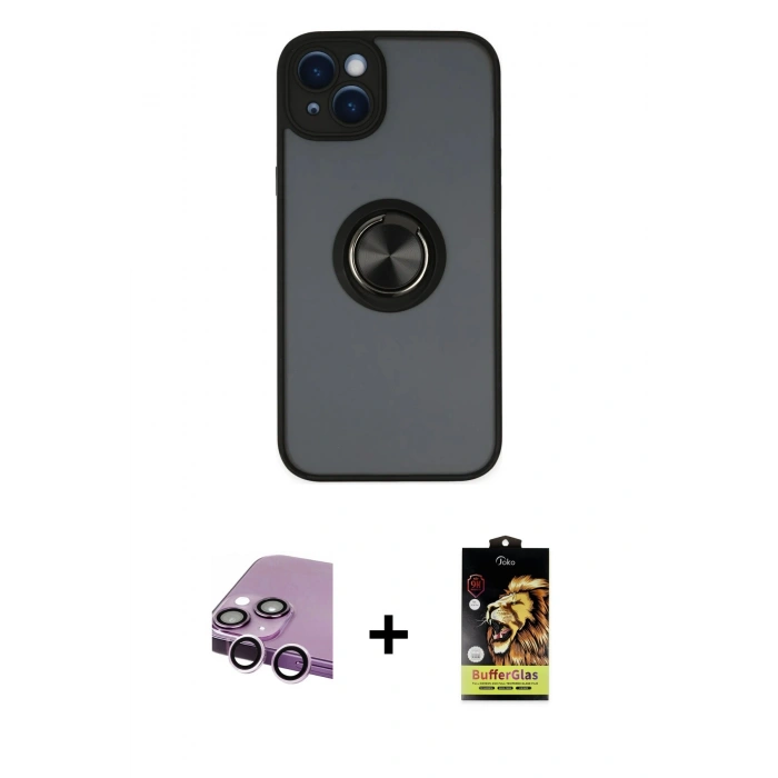 MARSİLYAN™- iPhone 14 Kılıf Yörünge Çizgi - Siyah Buffer Cam Ekran Koruyucu + Raze Metal Kamera Lens - MR