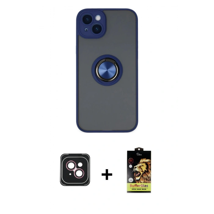MARSİLYAN™- iPhone 14 Kılıf Yörünge Çizgi - Siyah Buffer Cam Ekran Koruyucu + PVD Metal Kamera Lens - PE