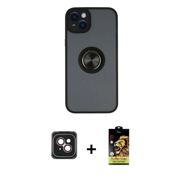 MARSİLYAN™- iPhone 14 Kılıf Yörünge Çizgi - Siyah Buffer Cam Ekran Koruyucu + PVD Metal Kamera Lens - PE