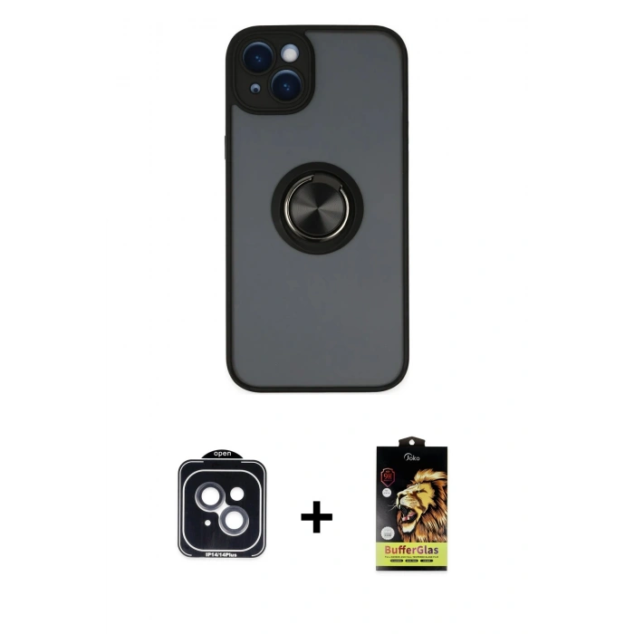 MARSİLYAN™- iPhone 14 Kılıf Yörünge Çizgi - Siyah Buffer Cam Ekran Koruyucu + PVD Metal Kamera Lens - SH