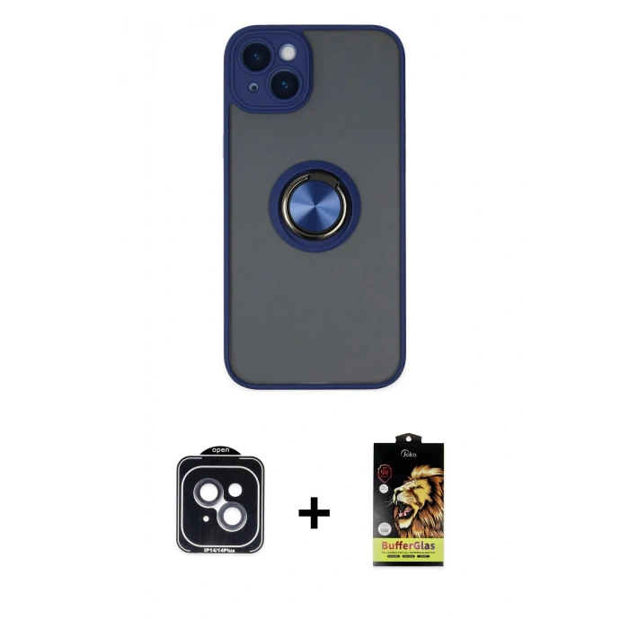 MARSİLYAN™- iPhone 14 Kılıf Yörünge Çizgi - Siyah Buffer Cam Ekran Koruyucu + PVD Metal Kamera Lens - SH