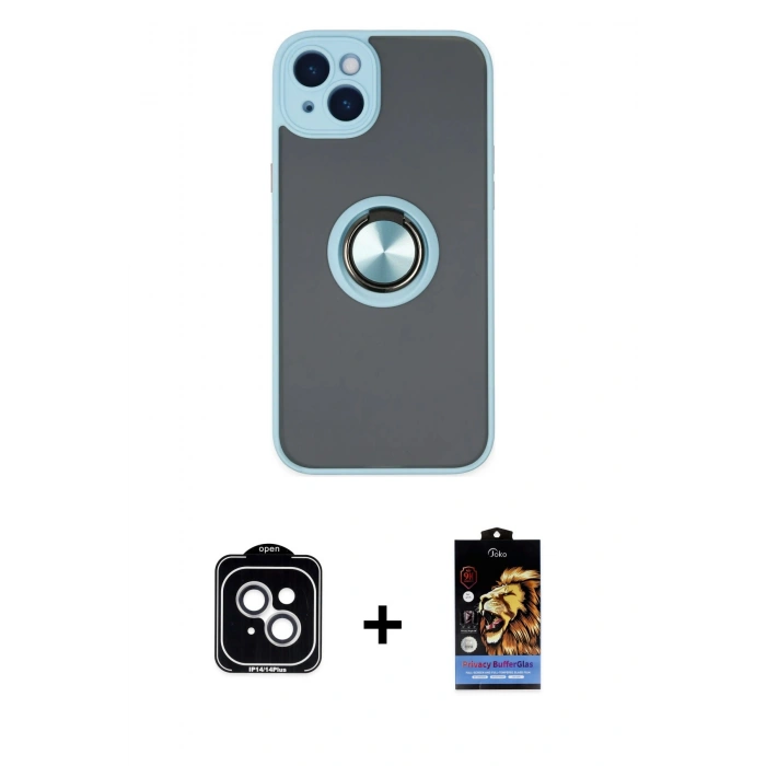 MARSİLYAN™- iPhone 14 Kılıf Yörünge Çizgi - Siyah Buffer Hayalet Cam Ekran Koruyucu + PVD Metal Kamera Lens - GS
