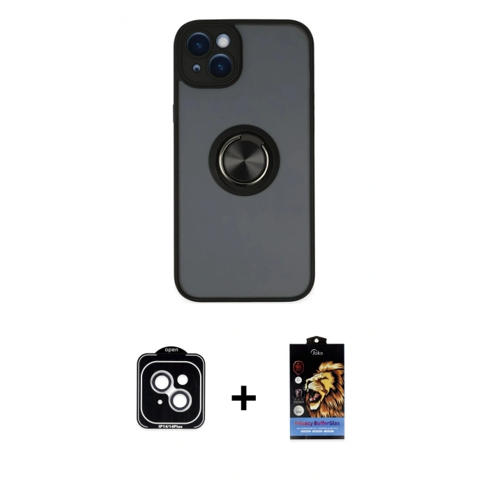 MARSİLYAN™- iPhone 14 Kılıf Yörünge Çizgi - Siyah Buffer Hayalet Cam Ekran Koruyucu + PVD Metal Kamera Lens - GS
