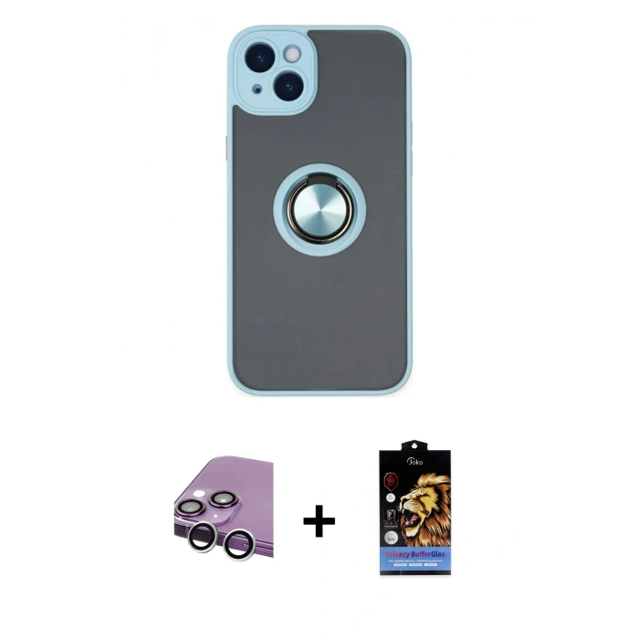 MARSİLYAN™- iPhone 14 Kılıf Yörünge Çizgi - Siyah Buffer Hayalet Cam Ekran Koruyucu + Gümüş Raze Metal Kamera Lens