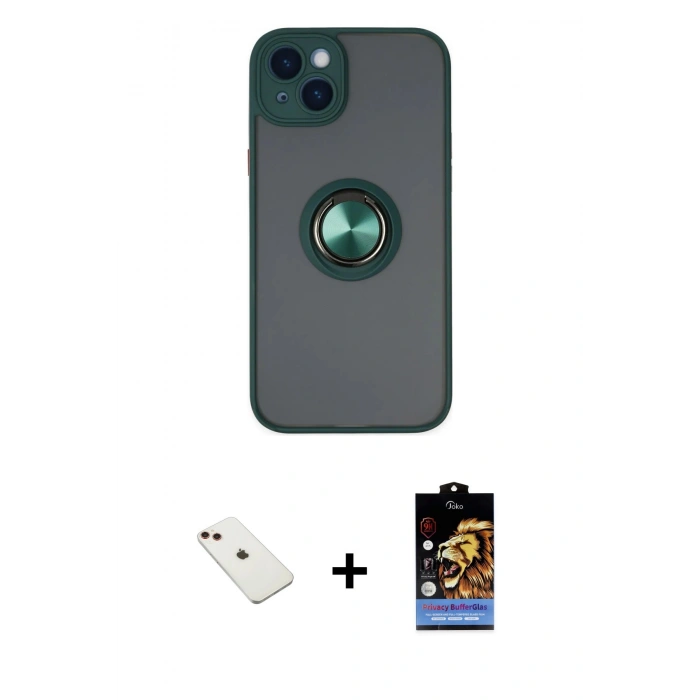 MARSİLYAN™- iPhone 14 Kılıf Yörünge Çizgi - Siyah Buffer Hayalet Cam Ekran Koruyucu + Kırmızı Diamond Kamera Lens