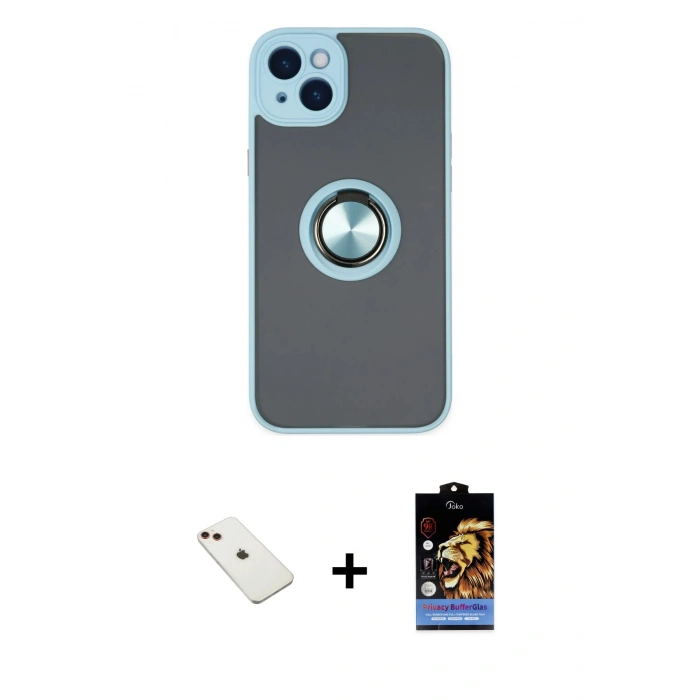 MARSİLYAN™- iPhone 14 Kılıf Yörünge Çizgi - Siyah Buffer Hayalet Cam Ekran Koruyucu + Kırmızı Diamond Kamera Lens