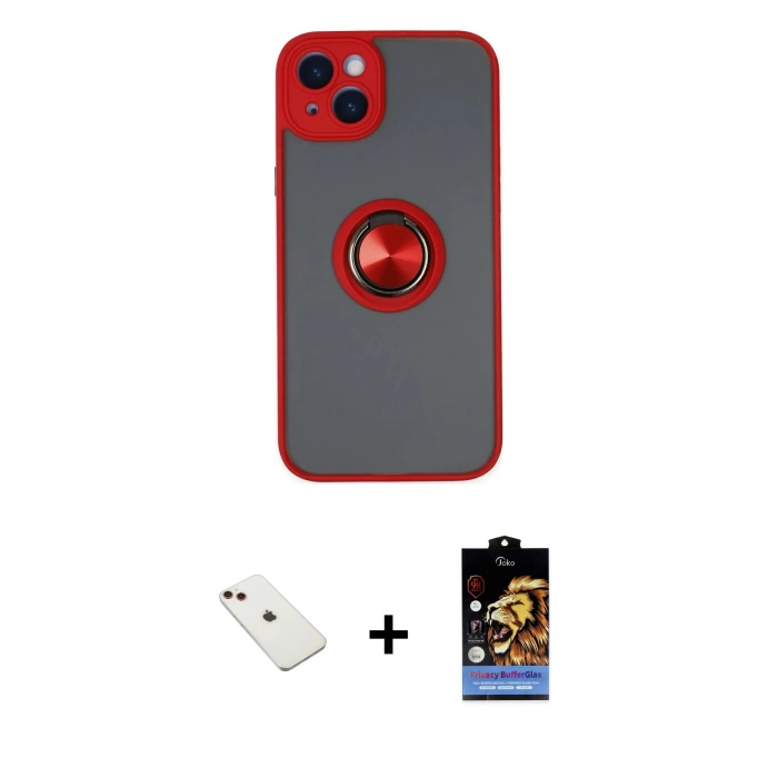 MARSİLYAN™- iPhone 14 Kılıf Yörünge Çizgi - Siyah Buffer Hayalet Cam Ekran Koruyucu + Kırmızı Diamond Kamera Lens