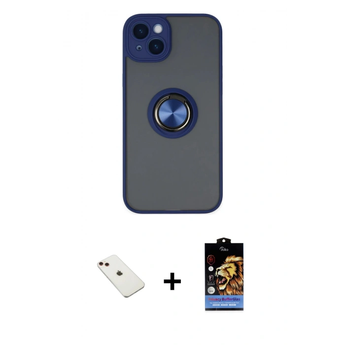 MARSİLYAN™- iPhone 14 Kılıf Yörünge Çizgi - Siyah Buffer Hayalet Cam Ekran Koruyucu + Kırmızı Diamond Kamera Lens