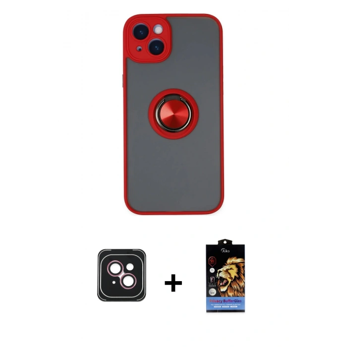 MARSİLYAN™- iPhone 14 Kılıf Yörünge Çizgi - Siyah Buffer Hayalet Cam Ekran Koruyucu + PVD Metal Kamera Lens - PE