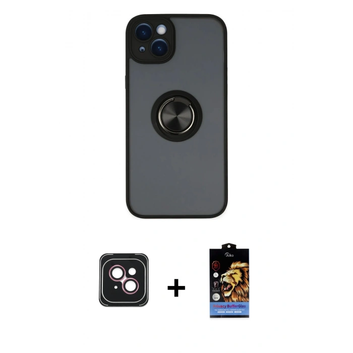 MARSİLYAN™- iPhone 14 Kılıf Yörünge Çizgi - Siyah Buffer Hayalet Cam Ekran Koruyucu + PVD Metal Kamera Lens - PE