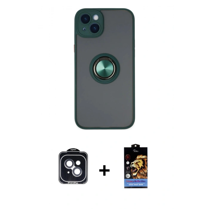 MARSİLYAN™- iPhone 14 Kılıf Yörünge Çizgi - Siyah Buffer Hayalet Cam Ekran Koruyucu + PVD Metal Kamera Lens - SH