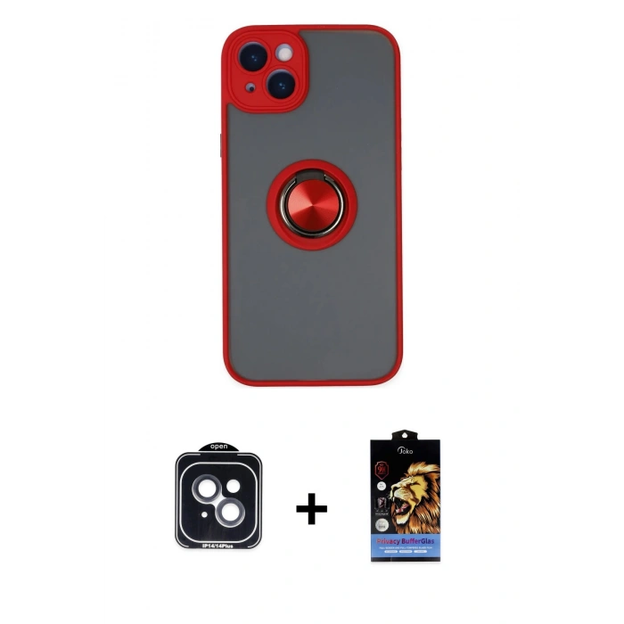 MARSİLYAN™- iPhone 14 Kılıf Yörünge Çizgi - Siyah Buffer Hayalet Cam Ekran Koruyucu + PVD Metal Kamera Lens - SH