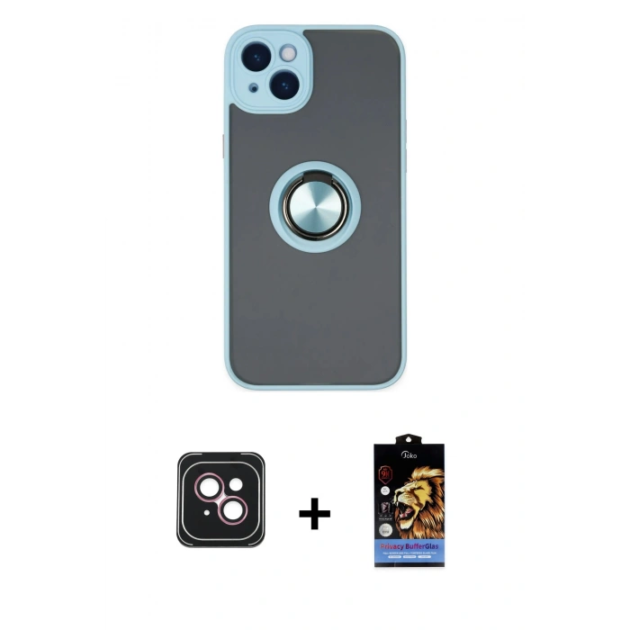 MARSİLYAN™- iPhone 14 Kılıf Yörünge Çizgi - Siyah Buffer Hayalet Cam Ekran Koruyucu + PVD Metal Kamera Lens - PE