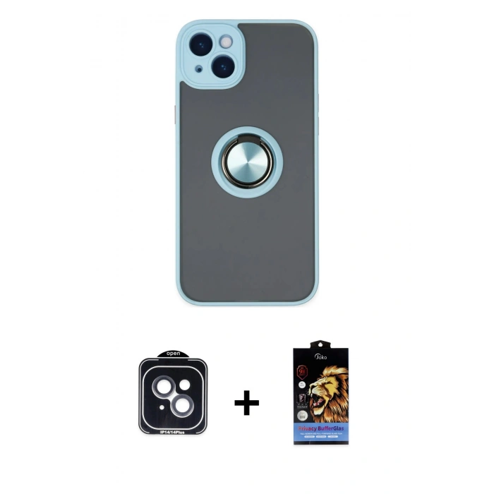 MARSİLYAN™- iPhone 14 Kılıf Yörünge Çizgi - Siyah Buffer Hayalet Cam Ekran Koruyucu + PVD Metal Kamera Lens - SH