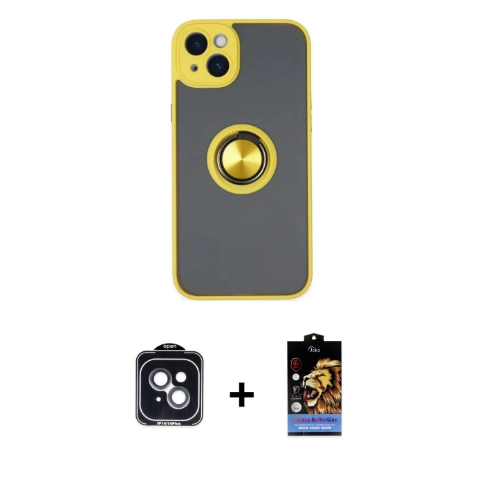 MARSİLYAN™- iPhone 14 Kılıf Yörünge Çizgi - Siyah Buffer Hayalet Cam Ekran Koruyucu + PVD Metal Kamera Lens - SH