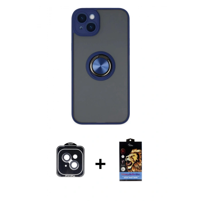 MARSİLYAN™- iPhone 14 Kılıf Yörünge Çizgi - Siyah Buffer Hayalet Cam Ekran Koruyucu + PVD Metal Kamera Lens - SH