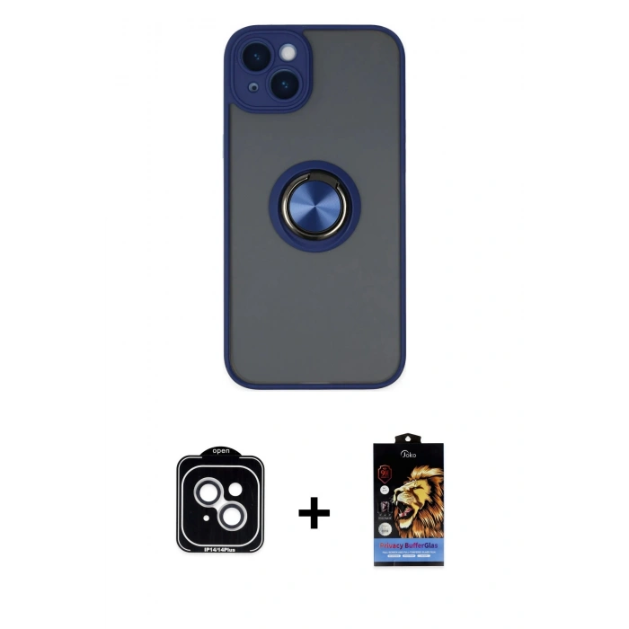 MARSİLYAN™- iPhone 14 Kılıf Yörünge Çizgi - Siyah Buffer Hayalet Cam Ekran Koruyucu + PVD Metal Kamera Lens - GS
