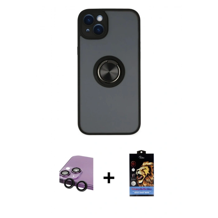 MARSİLYAN™- iPhone 14 Kılıf Yörünge Çizgi - Siyah Buffer Hayalet Cam Ekran Koruyucu + Raze Metal Kamera Lens - SH