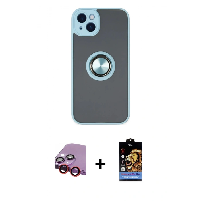 MARSİLYAN™- iPhone 14 Kılıf Yörünge Çizgi - Siyah Buffer Hayalet Cam Ekran Koruyucu + Raze Metal Kamera Lens - KI