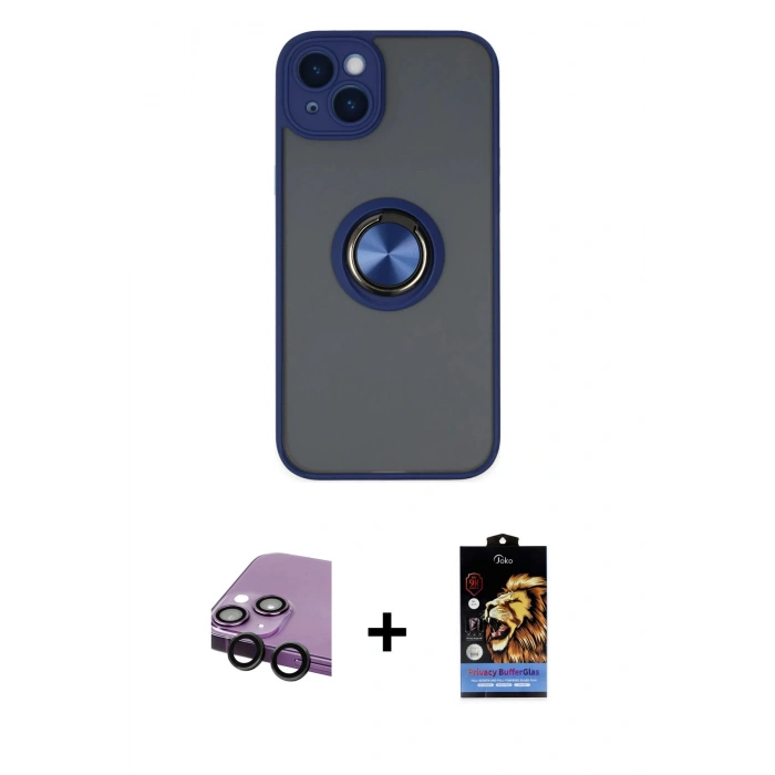 MARSİLYAN™- iPhone 14 Kılıf Yörünge Çizgi - Siyah Buffer Hayalet Cam Ekran Koruyucu + Raze Metal Kamera Lens - SH