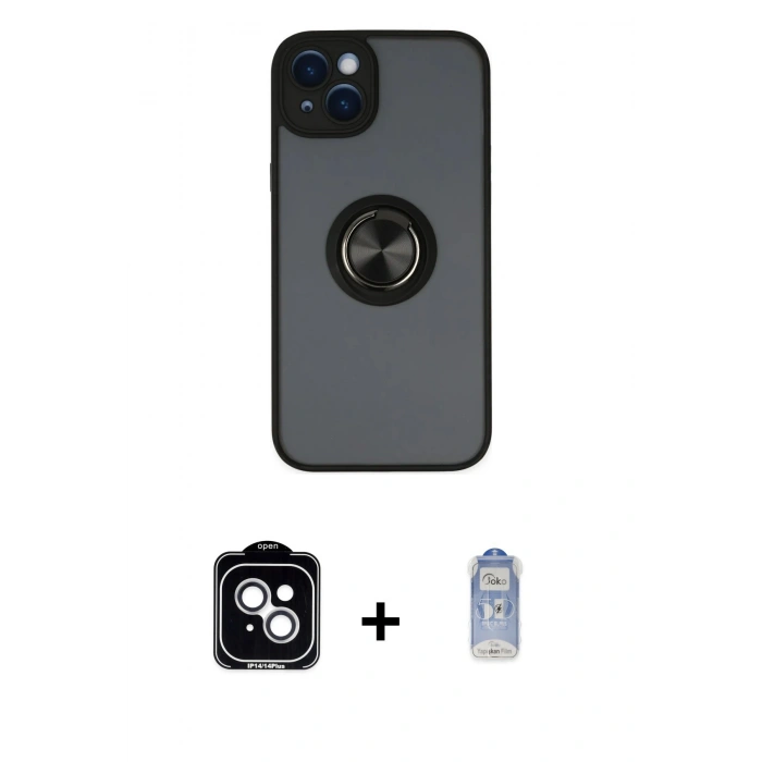 MARSİLYAN™- iPhone 14 Kılıf Yörünge Çizgi - Siyah Joko Magic 5D Cam + PVD Metal Kamera Lens - GS
