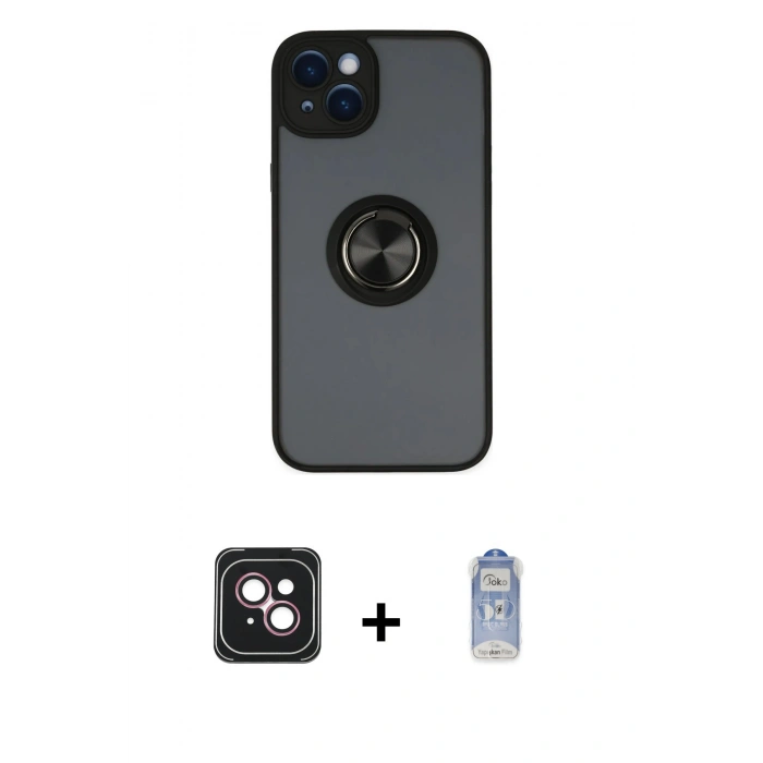 MARSİLYAN™- iPhone 14 Kılıf Yörünge Çizgi - Siyah Joko Magic 5D Cam + PVD Metal Kamera Lens - PE