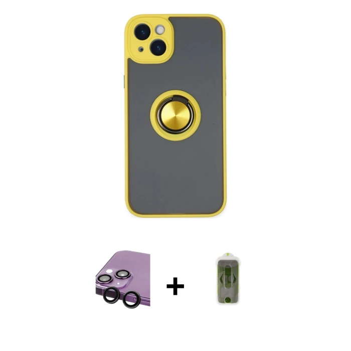 MARSİLYAN™- iPhone 14 Kılıf Yörünge Çizgi - Siyah Joko Magic 5D Hayalet Cam + Raze Metal Kamera Lens - SH