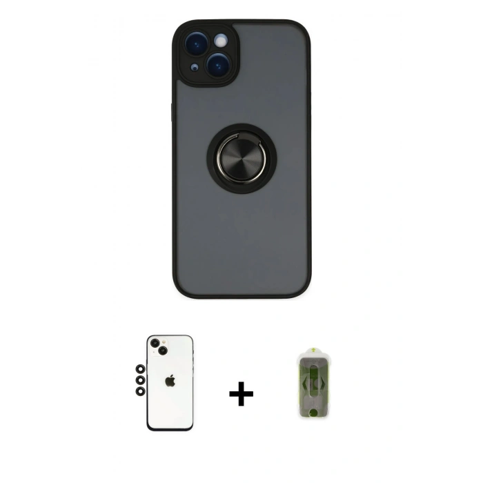 MARSİLYAN™- iPhone 14 Kılıf Yörünge Çizgi - Siyah Joko Magic 5D Hayalet Cam + Shine Kamera Lens - SH