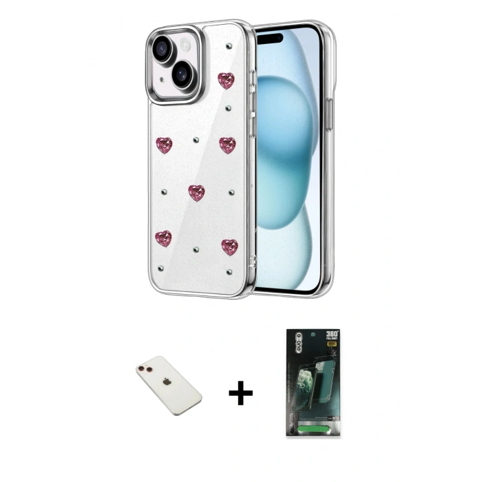 MARSİLYAN™- iPhone 14 Kılıf Yörünge Form - Şeffaf 360 Full Body Arka Koruyucu + Diamond Kamera Lens - KI