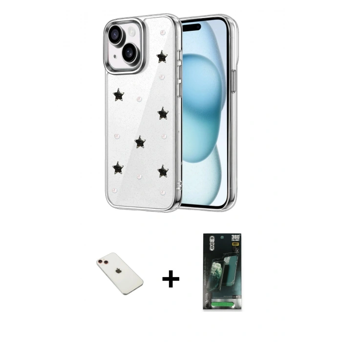 MARSİLYAN™- iPhone 14 Kılıf Yörünge Form - Şeffaf 360 Full Body Arka Koruyucu + Diamond Kamera Lens - KI