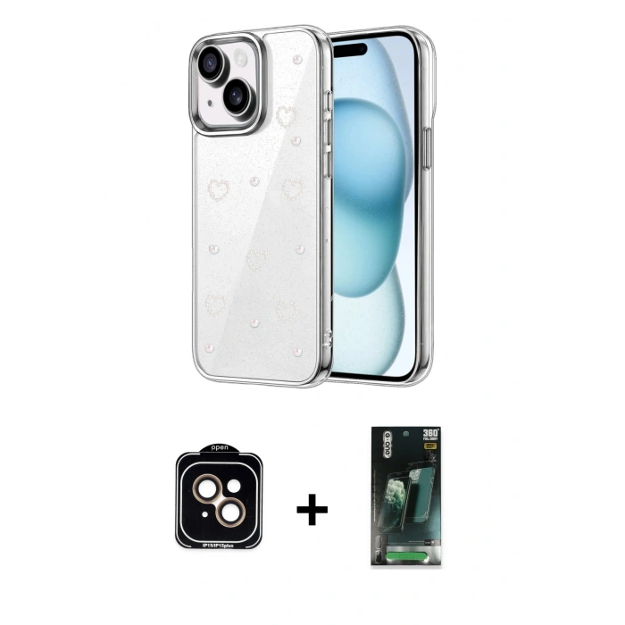 MARSİLYAN™- iPhone 14 Kılıf Yörünge Form - Şeffaf 360 Full Body Arka Koruyucu + PVD Metal Kamera Lens - TU