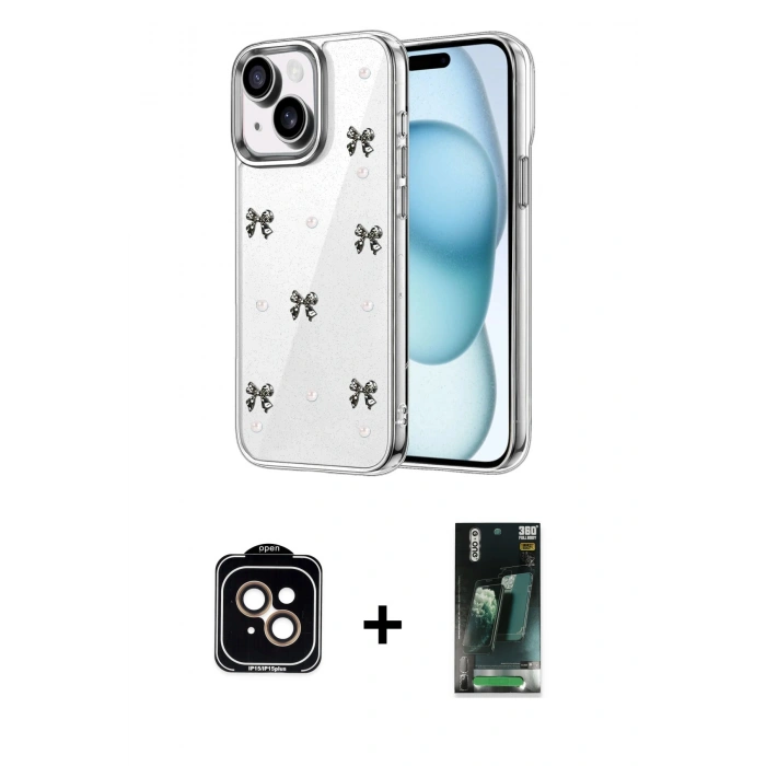 MARSİLYAN™- iPhone 14 Kılıf Yörünge Form - Şeffaf 360 Full Body Arka Koruyucu + PVD Metal Kamera Lens - TU