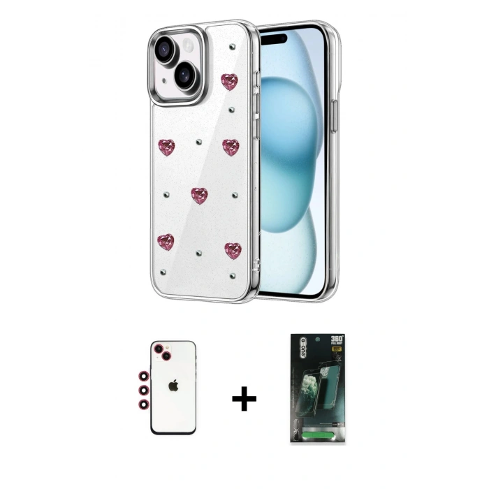 MARSİLYAN™- iPhone 14 Kılıf Yörünge Form - Şeffaf 360 Full Body Arka Koruyucu + Shine Kamera Lens - KI
