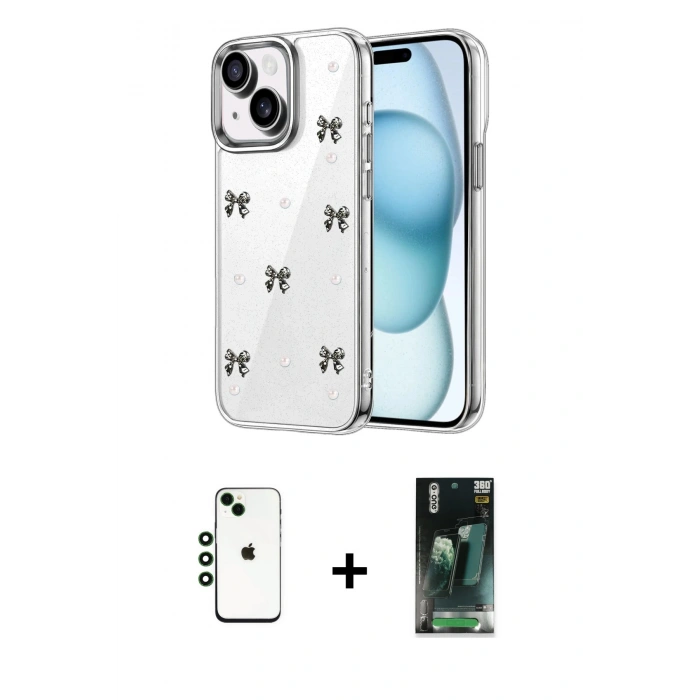 MARSİLYAN™- iPhone 14 Kılıf Yörünge Form - Şeffaf 360 Full Body Arka Koruyucu + Shine Kamera Lens - YL