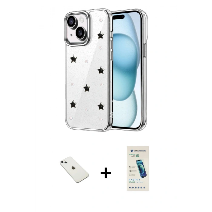 MARSİLYAN™- iPhone 14 Kılıf Yörünge Form - Şeffaf Pasifik Cam Ekran Koruyucu + Diamond Kamera Lens - SABE