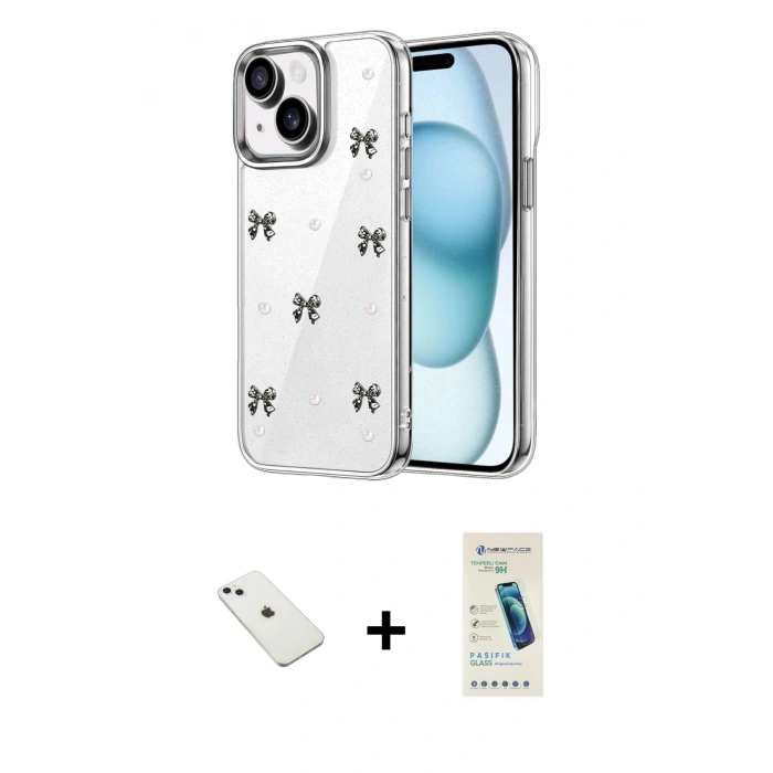 MARSİLYAN™- iPhone 14 Kılıf Yörünge Form - Şeffaf Pasifik Cam Ekran Koruyucu + Diamond Kamera Lens - SABE