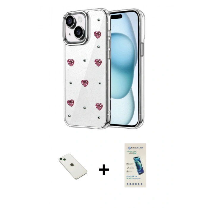 MARSİLYAN™- iPhone 14 Kılıf Yörünge Form - Şeffaf Pasifik Cam Ekran Koruyucu + Diamond Kamera Lens - YL