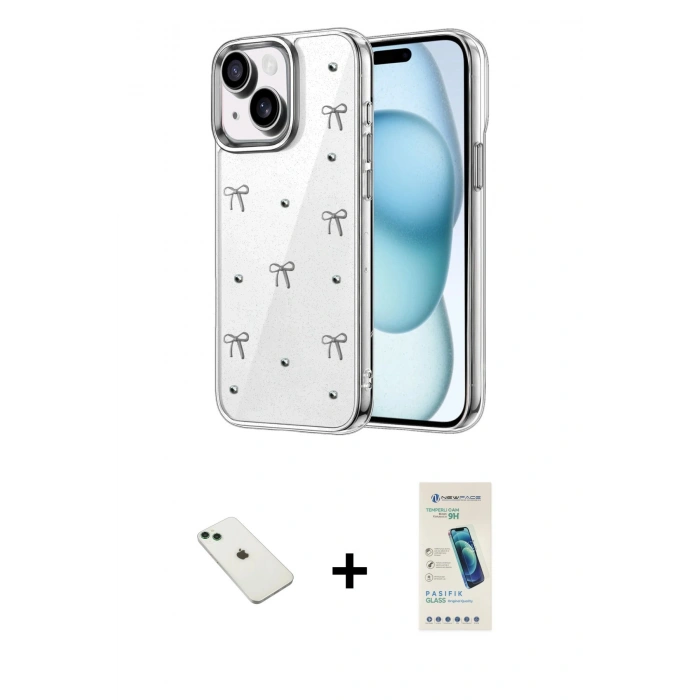 MARSİLYAN™- iPhone 14 Kılıf Yörünge Form - Şeffaf Pasifik Cam Ekran Koruyucu + Diamond Kamera Lens - YL