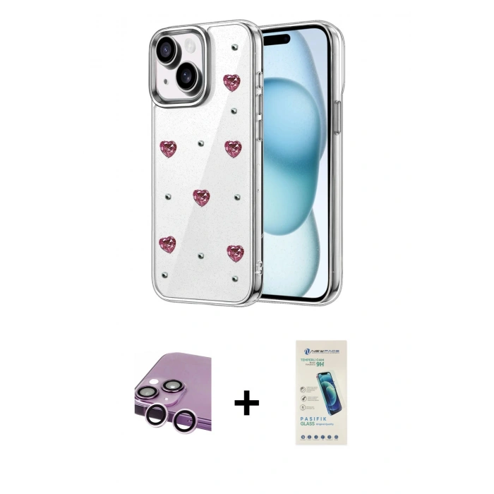 MARSİLYAN™- iPhone 14 Kılıf Yörünge Form - Şeffaf Pasifik Cam Ekran Koruyucu + Raze Metal Kamera Lens - MR