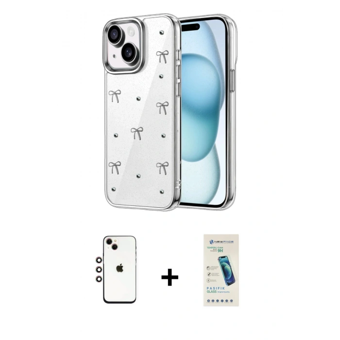 MARSİLYAN™- iPhone 14 Kılıf Yörünge Form - Şeffaf Pasifik Cam Ekran Koruyucu + Shine Kamera Lens - GI
