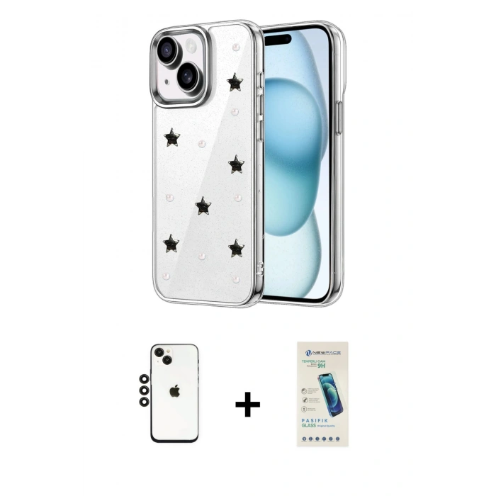 MARSİLYAN™- iPhone 14 Kılıf Yörünge Form - Şeffaf Pasifik Cam Ekran Koruyucu + Shine Kamera Lens - SH
