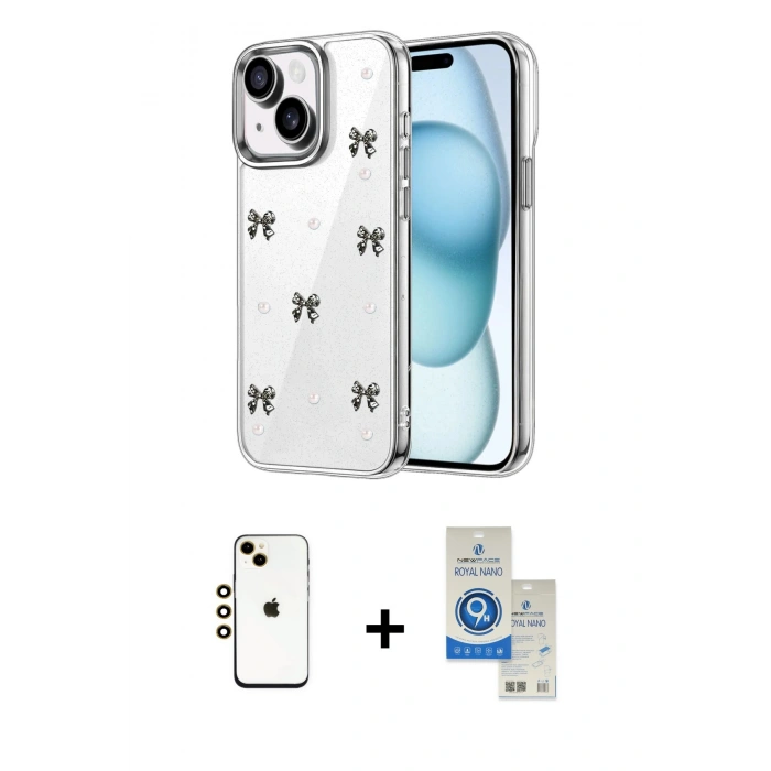 MARSİLYAN™- iPhone 14 Kılıf Yörünge Form - Şeffaf Royal Nano Ekran Koruyucu + Shine Kamera Lens - GD