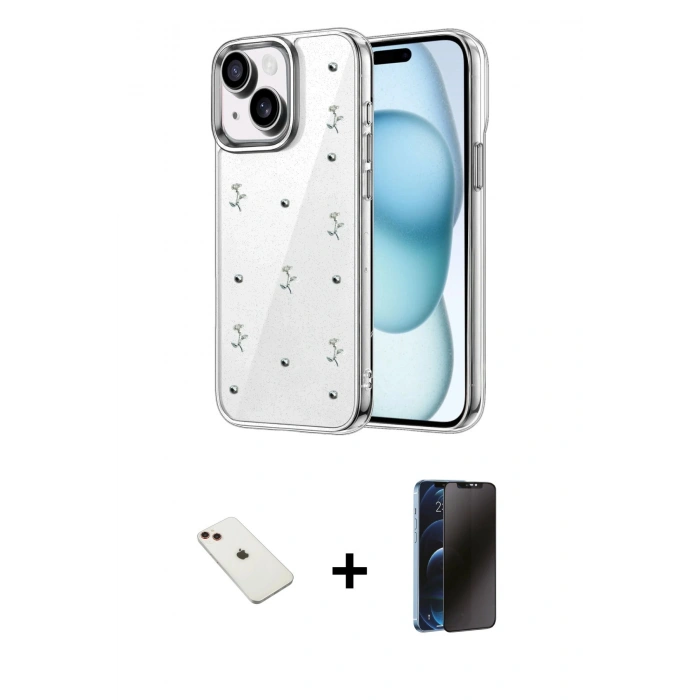 MARSİLYAN™- iPhone 14 Kılıf Yörünge Form - Siyah 3D Antistatik Hayalet Cam Ekran Koruyucu + Diamond Kamera Lens - KI
