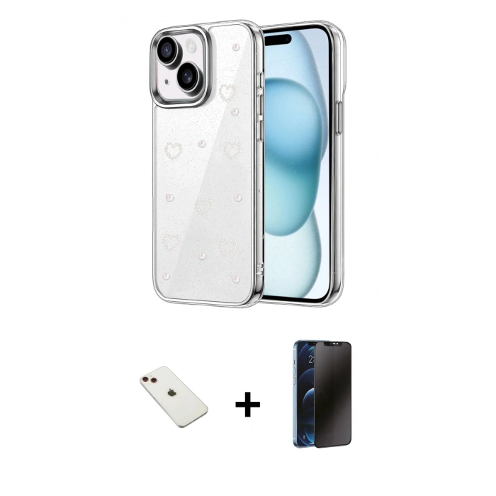 MARSİLYAN™- iPhone 14 Kılıf Yörünge Form - Siyah 3D Antistatik Hayalet Cam Ekran Koruyucu + Diamond Kamera Lens - KI