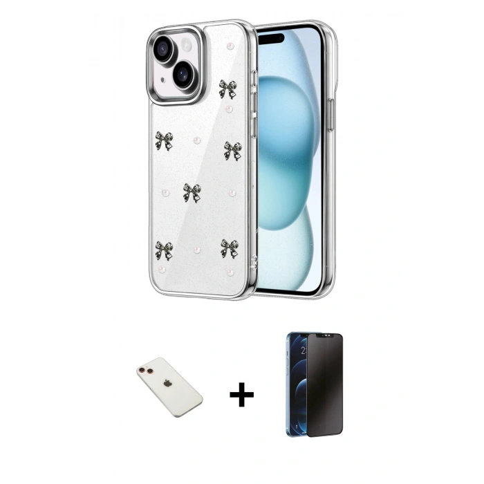 MARSİLYAN™- iPhone 14 Kılıf Yörünge Form - Siyah 3D Antistatik Hayalet Cam Ekran Koruyucu + Diamond Kamera Lens - KI