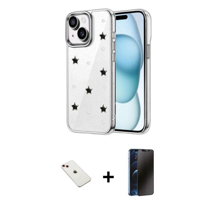 MARSİLYAN™- iPhone 14 Kılıf Yörünge Form - Siyah 3D Antistatik Hayalet Cam Ekran Koruyucu + Diamond Kamera Lens - KI