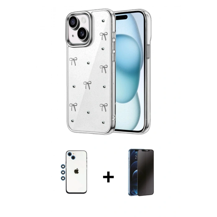MARSİLYAN™- iPhone 14 Kılıf Yörünge Form - Siyah 3D Antistatik Hayalet Cam Ekran Koruyucu + Shine Kamera Lens - MI